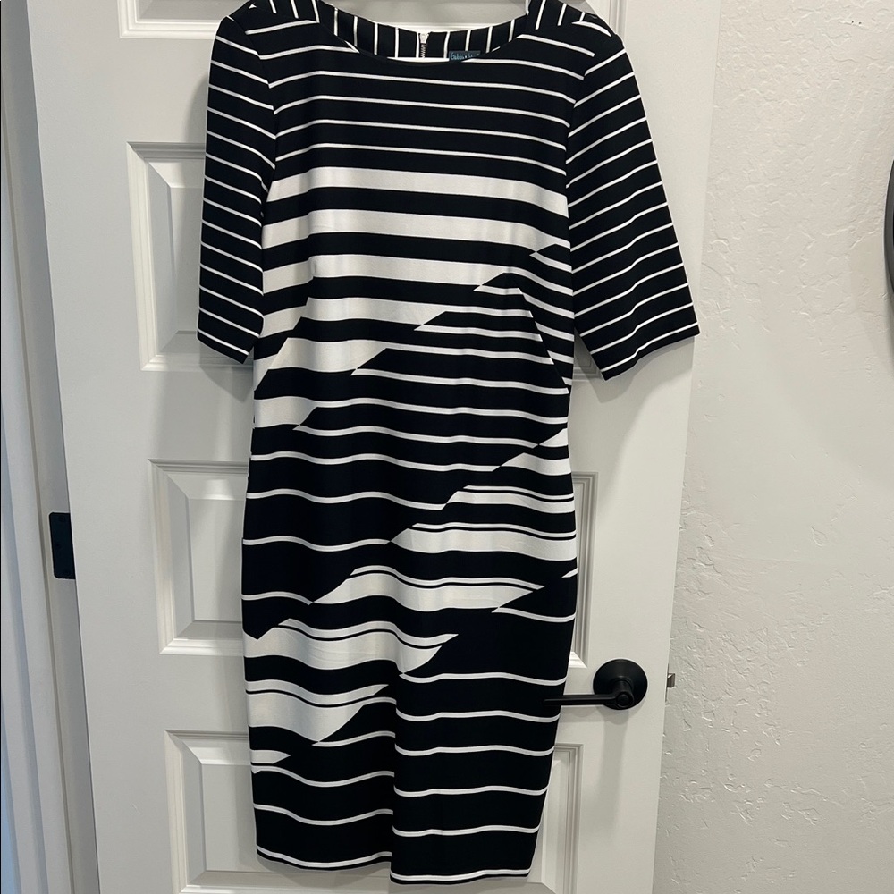 Gabby Skye Black and White Striped Midi Dress